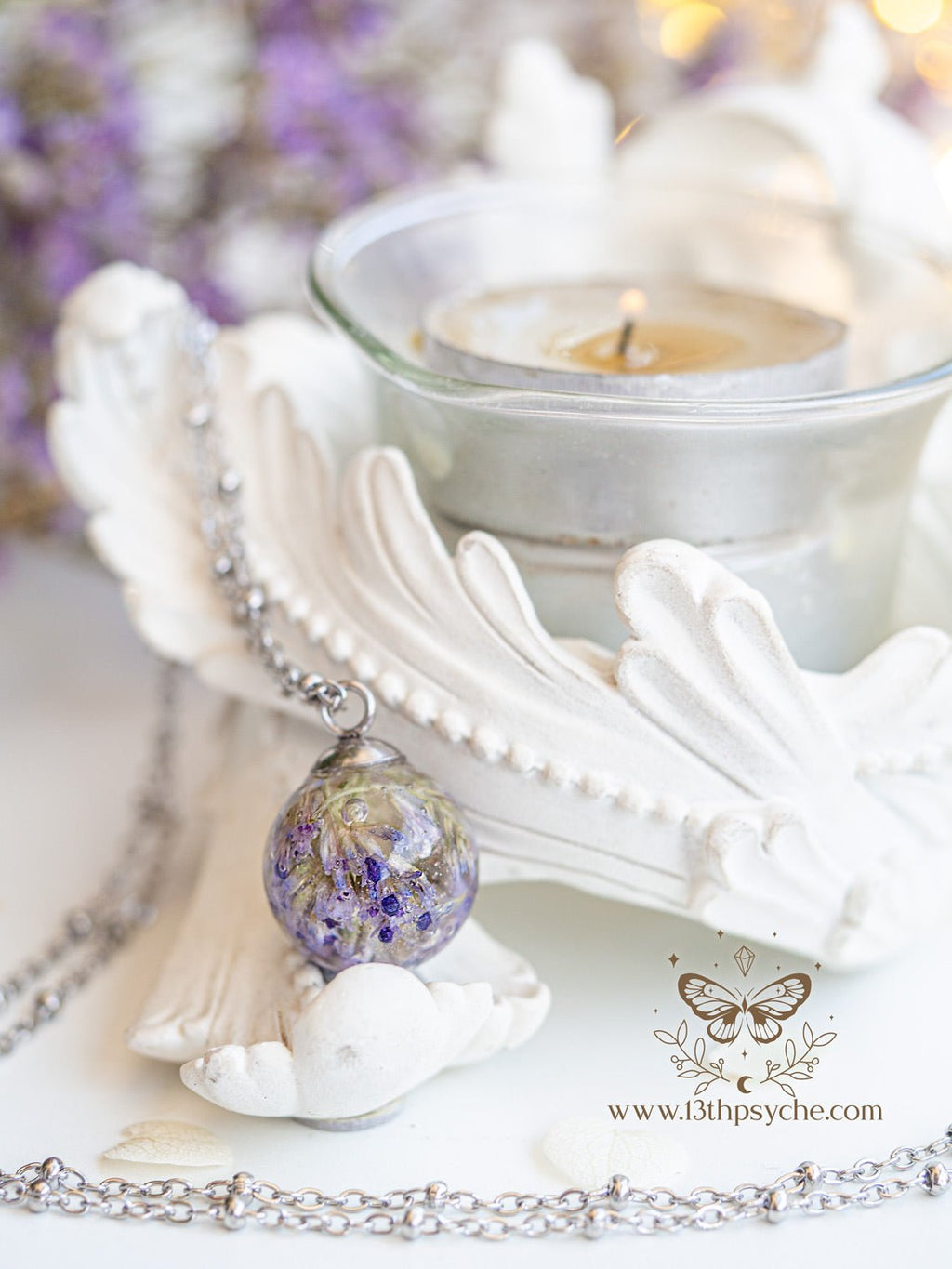 Handmade Dried purple flowers orb pendant necklace - 13th Psyche