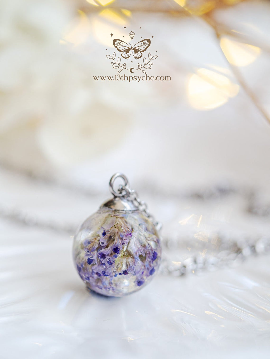 Handmade Dried purple flowers orb pendant necklace - 13th Psyche