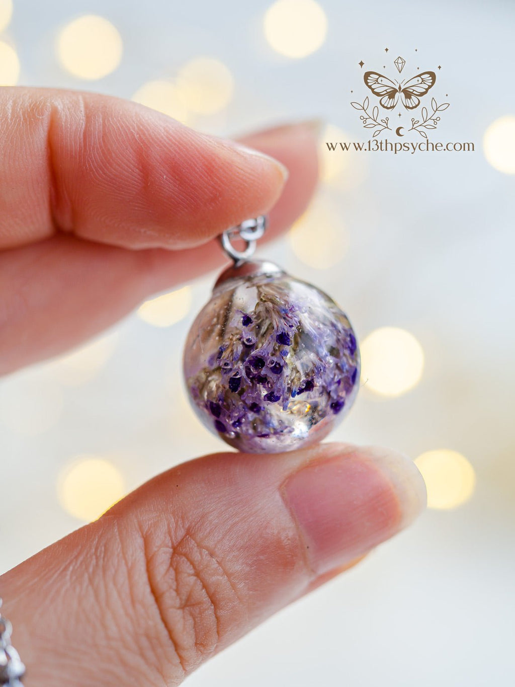 Handmade Dried purple flowers orb pendant necklace - 13th Psyche