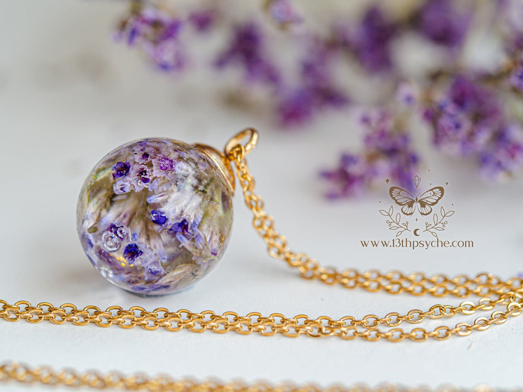 Handmade Dried purple flowers orb pendant necklace - 13th Psyche