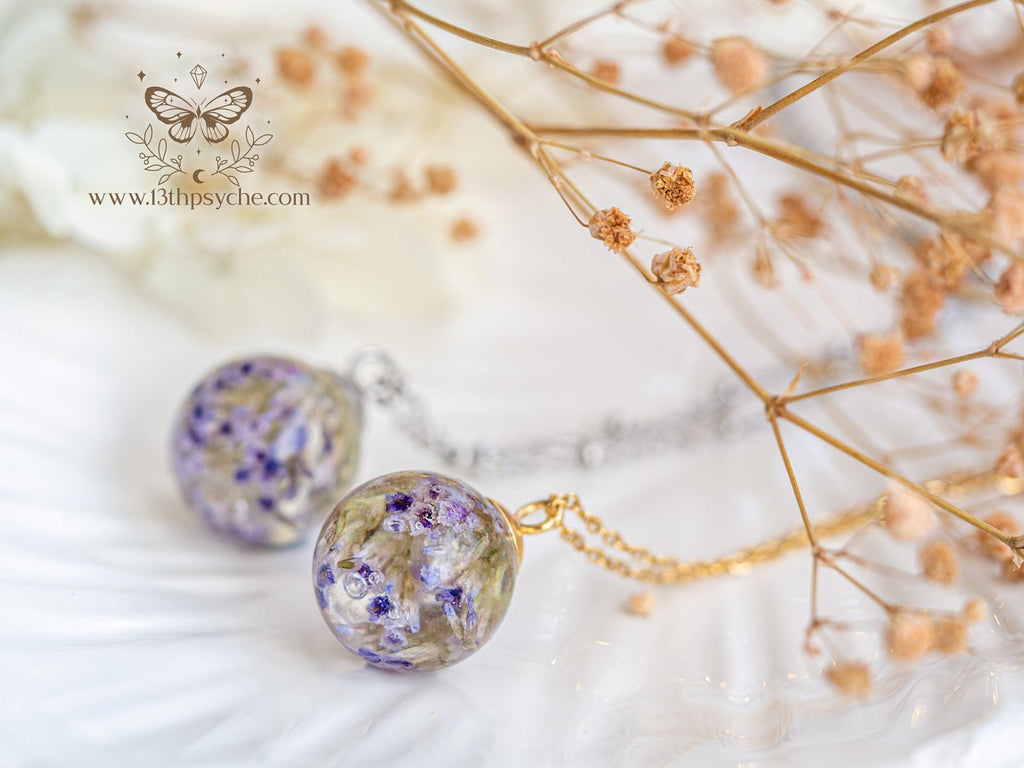 Handmade Dried purple flowers orb pendant necklace - 13th Psyche