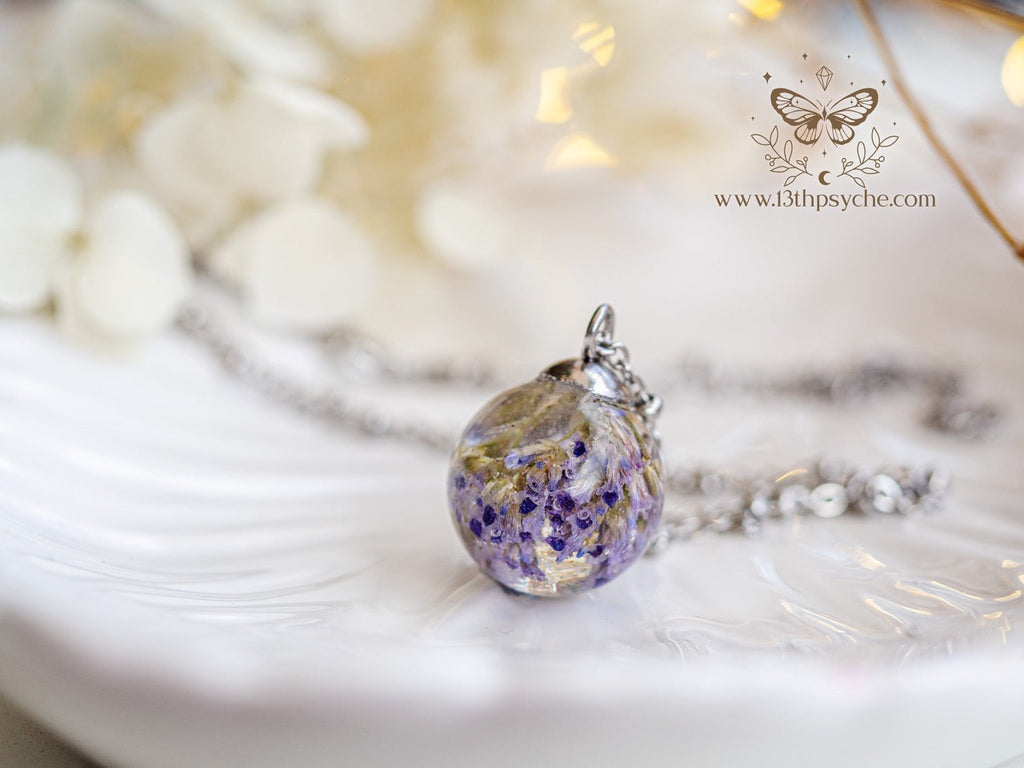 Handmade Dried purple flowers orb pendant necklace - 13th Psyche