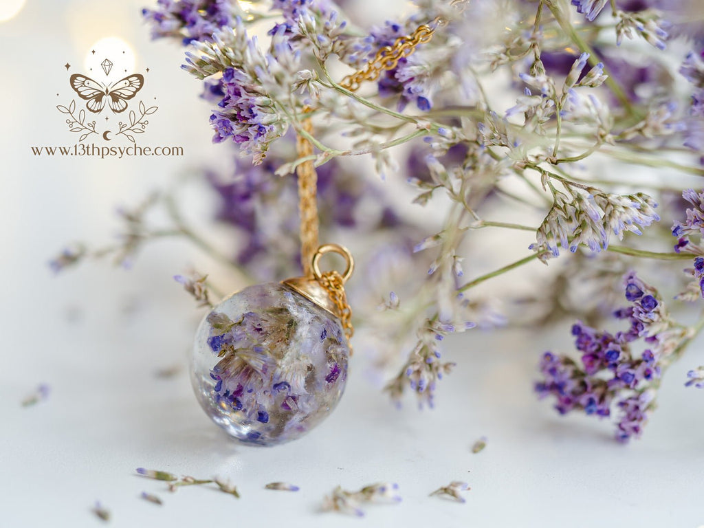 Handmade Dried purple flowers orb pendant necklace - 13th Psyche