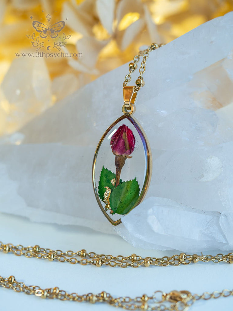 Handmade Dried rose bud resin pendant necklace - 13th Psyche