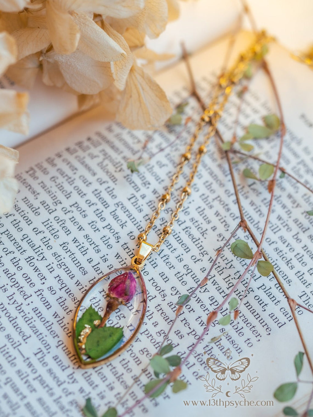 Handmade Dried rose bud resin pendant necklace - 13th Psyche