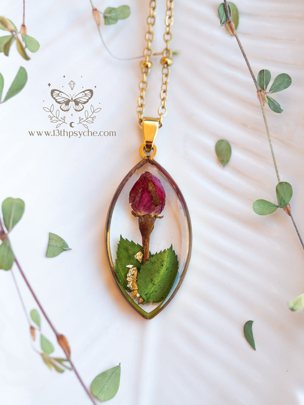 Handmade Dried rose bud resin pendant necklace - 13th Psyche