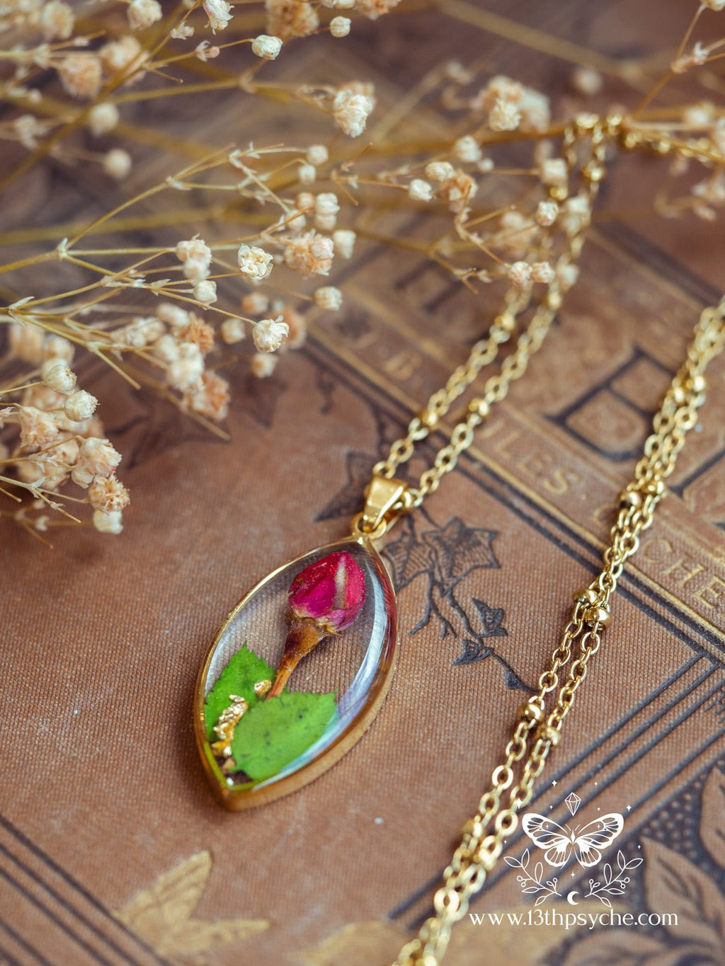 Handmade Dried rose bud resin pendant necklace - 13th Psyche