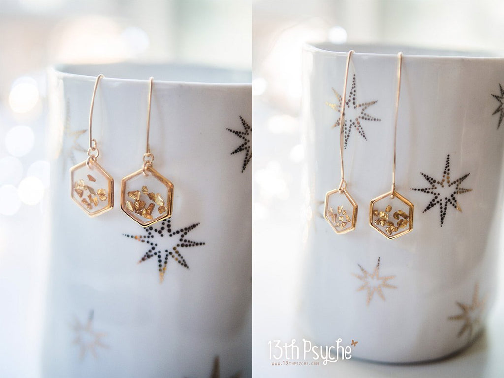 Handmade Gold honeycomb hexagon resin earrings - 13th Psyche
