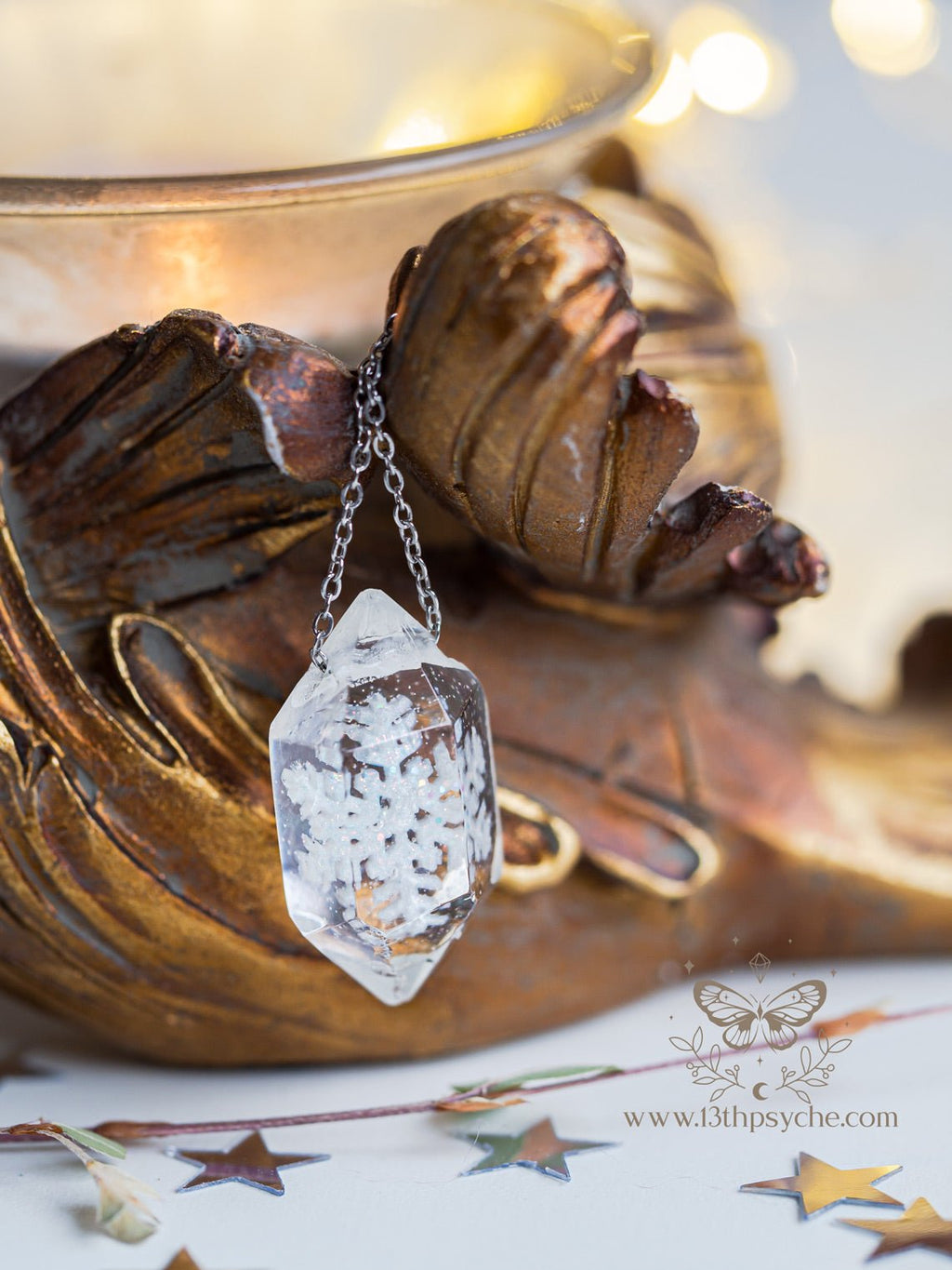 Handmade Encased snowflake crystal point pendant necklace - 13th Psyche