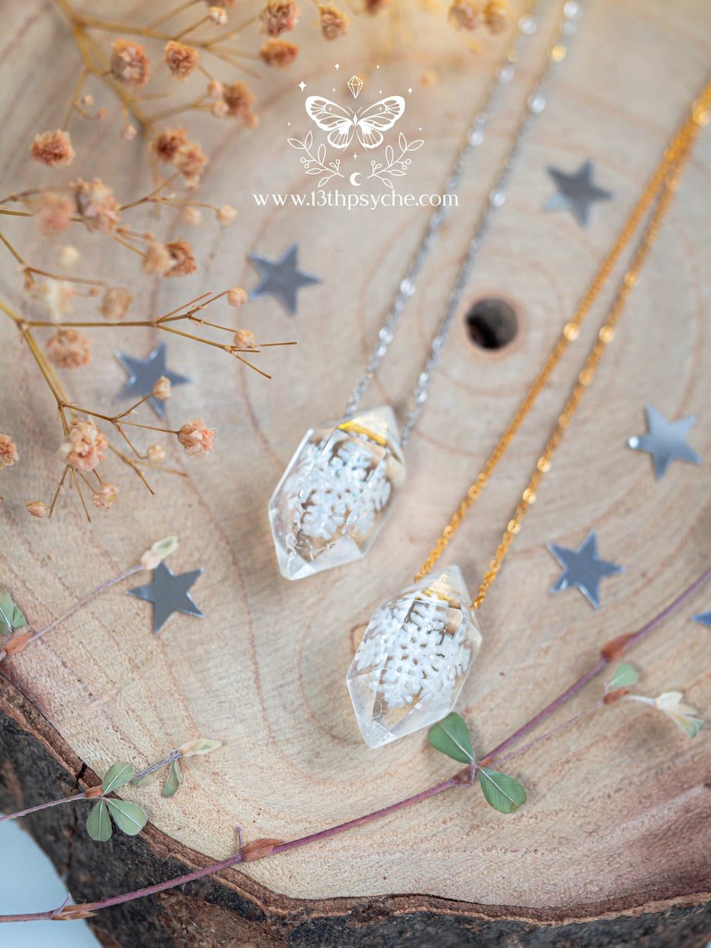 Handmade Encased snowflake crystal point pendant necklace - 13th Psyche