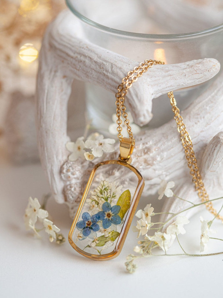 Forget me not and white flowers necklace, Resin necklace