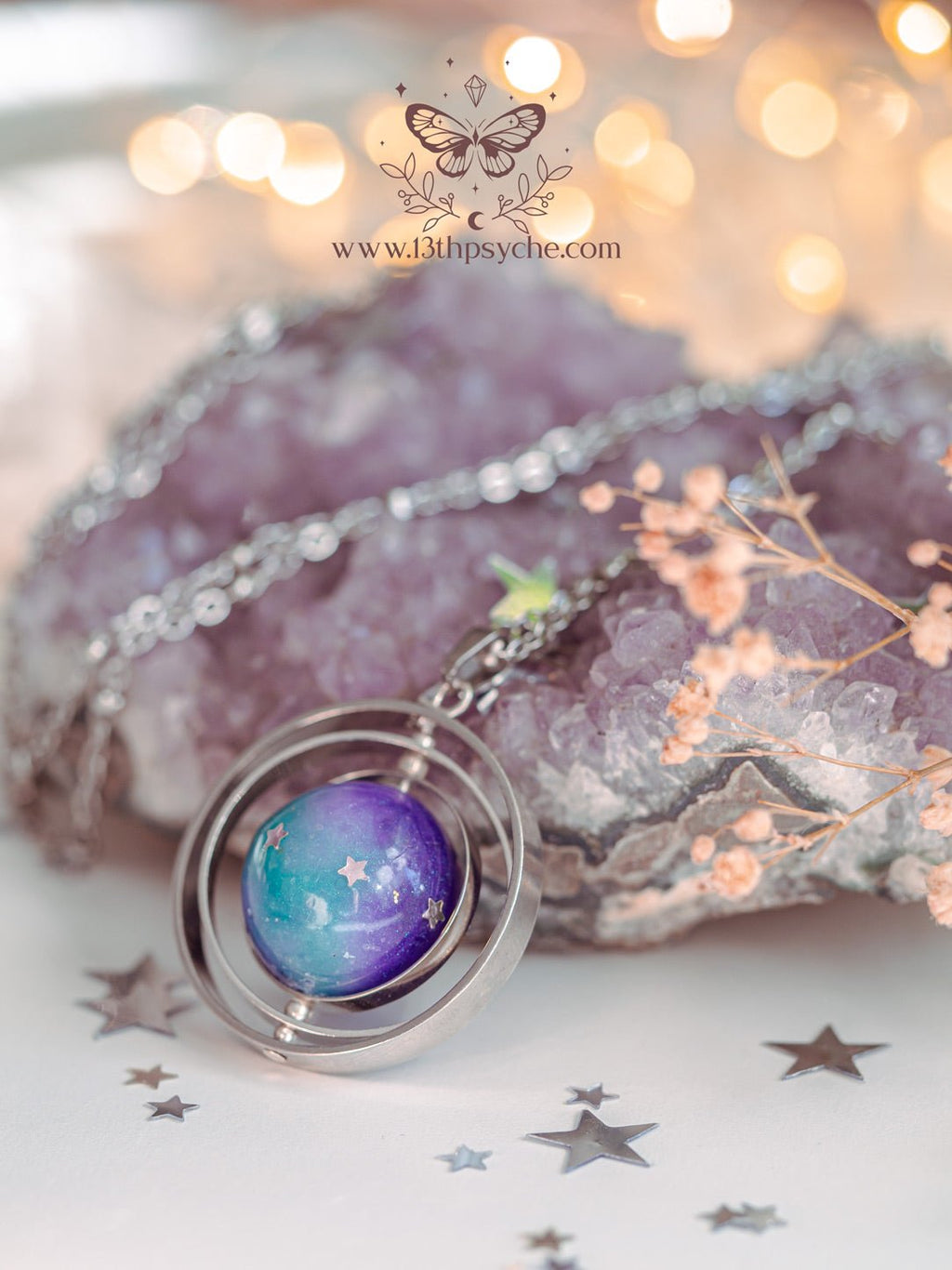 Handmade Galaxy and stars, planet spinner necklace - 13th Psyche
