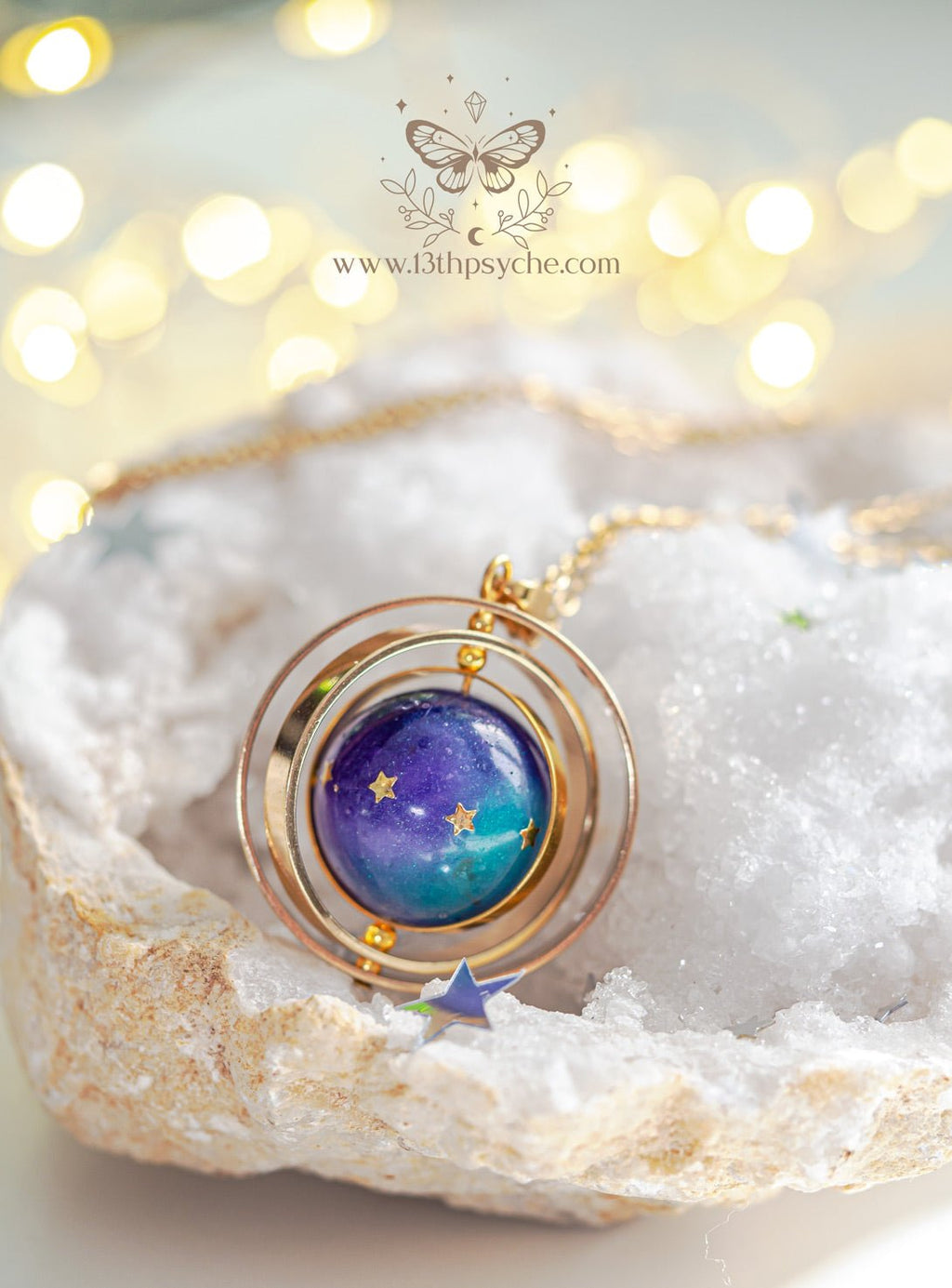 Handmade Galaxy and stars, planet spinner necklace - 13th Psyche