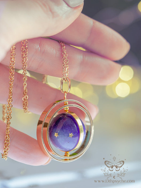 Handmade Galaxy and stars, planet spinner necklace - 13th Psyche