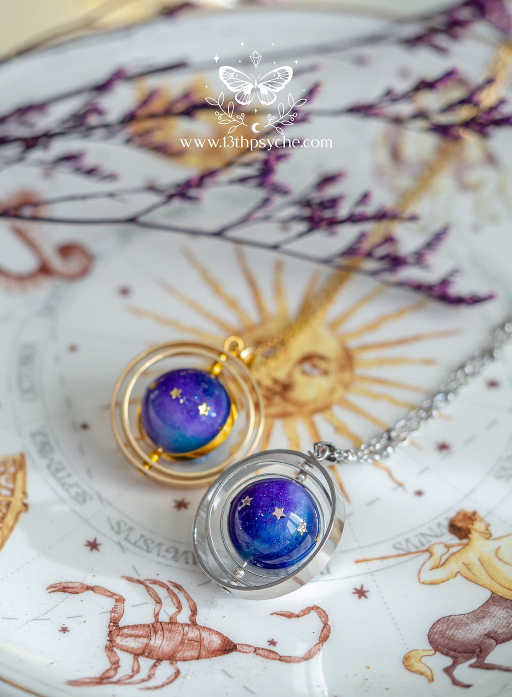 Handmade Galaxy and stars, planet spinner necklace - 13th Psyche