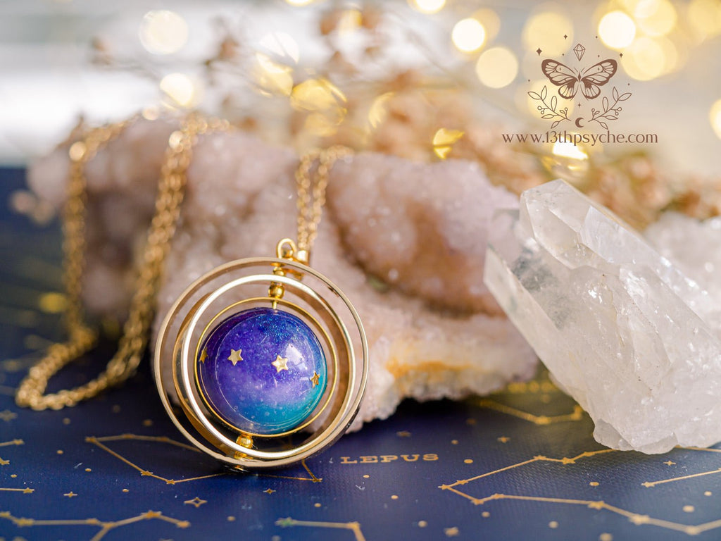 Handmade Galaxy and stars, planet spinner necklace - 13th Psyche