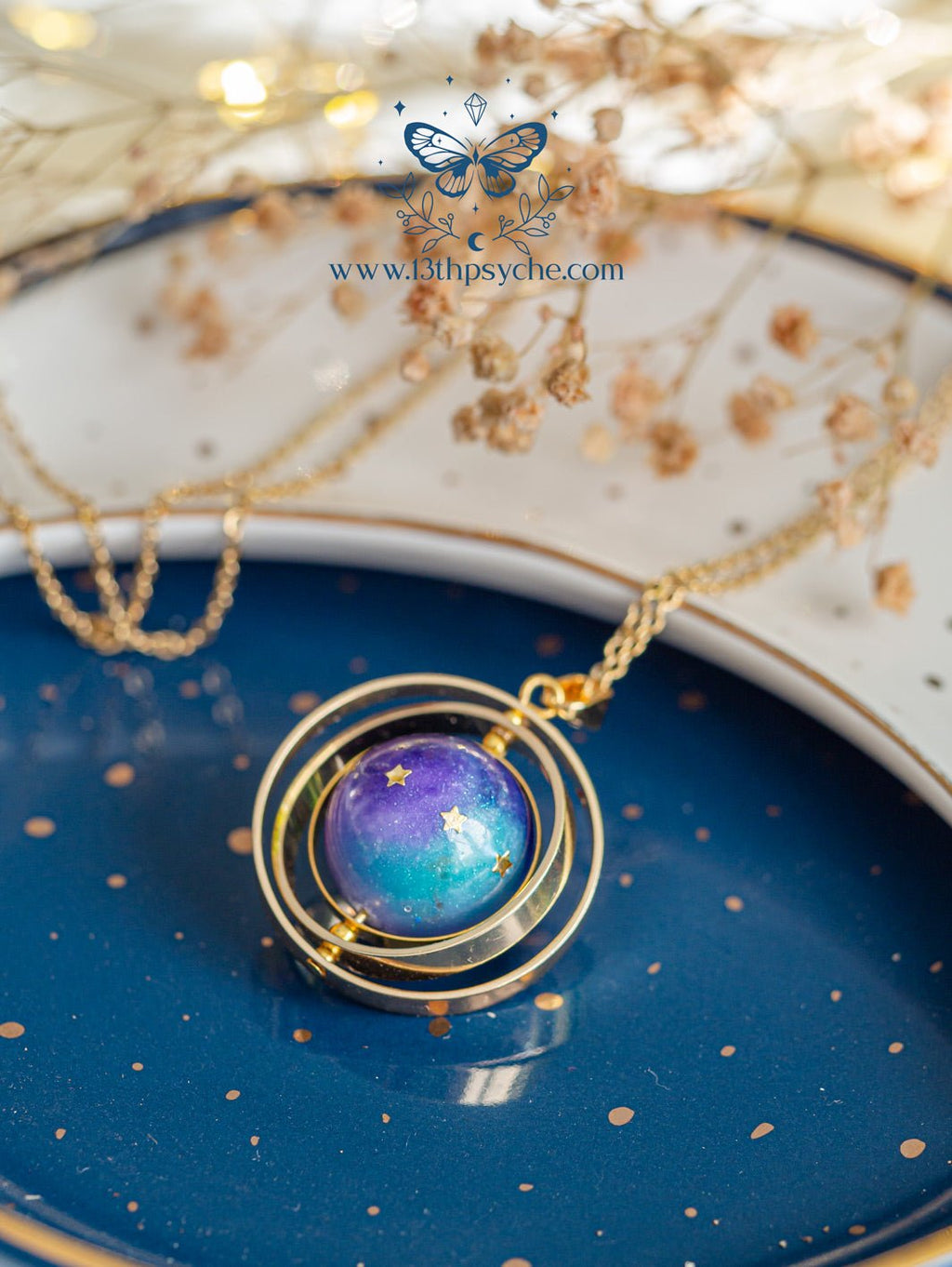 Handmade Galaxy and stars, planet spinner necklace - 13th Psyche