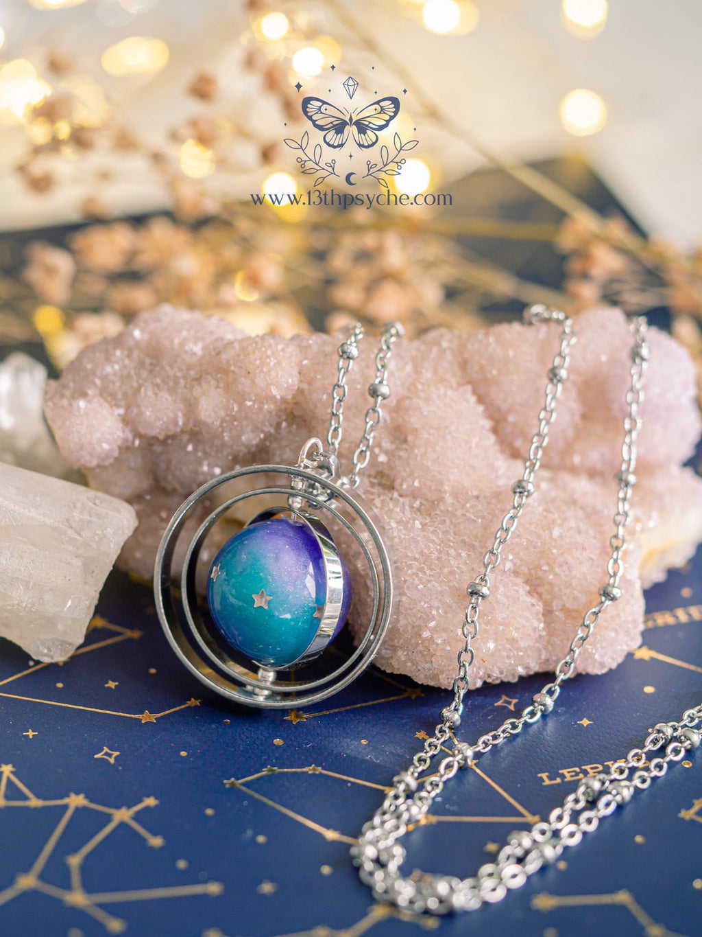 Handmade Galaxy and stars, planet spinner necklace - 13th Psyche