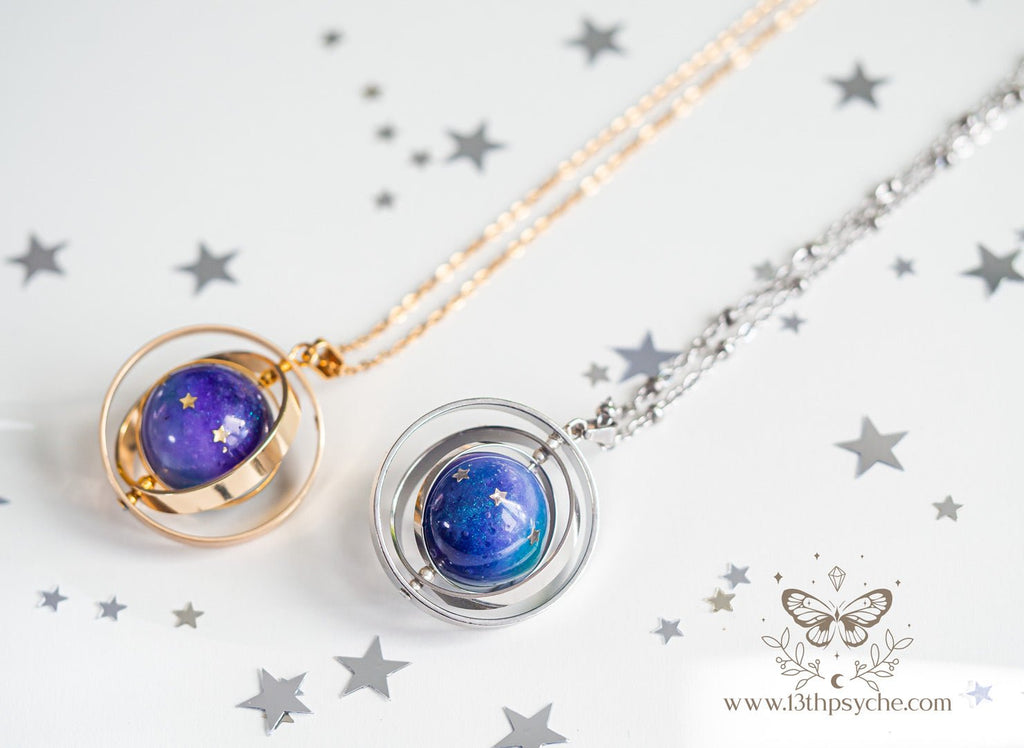 Handmade Galaxy and stars, planet spinner necklace - 13th Psyche