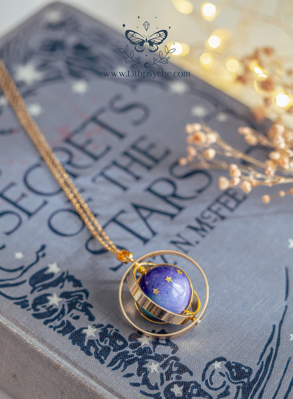 Handmade Galaxy and stars, planet spinner necklace - 13th Psyche