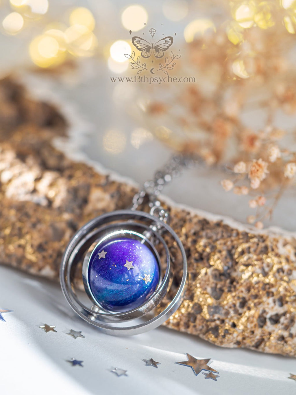 Handmade Galaxy and stars, planet spinner necklace - 13th Psyche