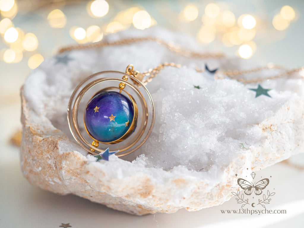 Handmade Galaxy and stars, planet spinner necklace - 13th Psyche