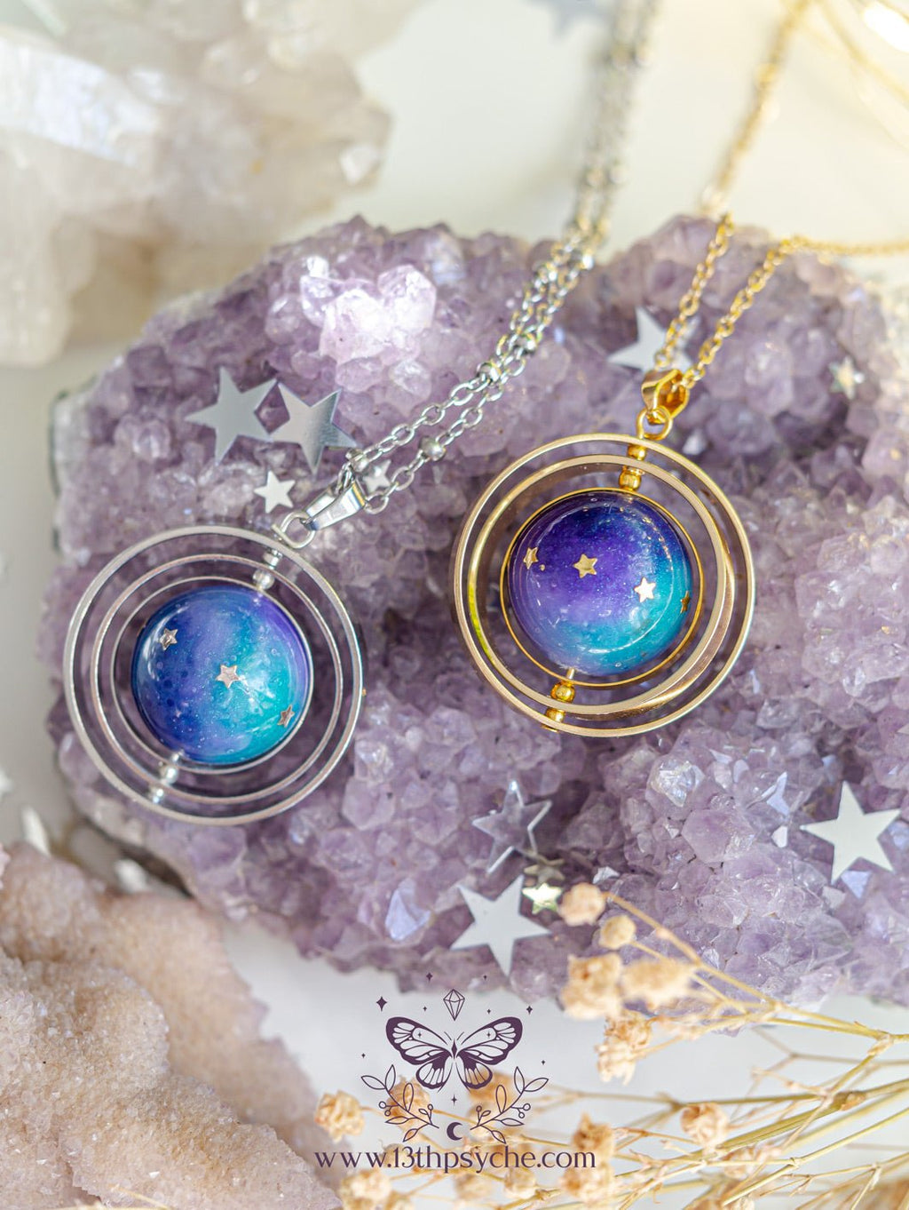 Handmade Galaxy and stars, planet spinner necklace - 13th Psyche