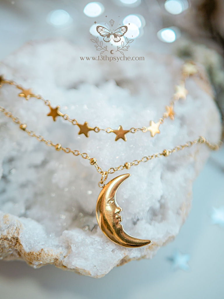 Handmade Gold stars choker and moon pendant 2 necklace set - 13th Psyche