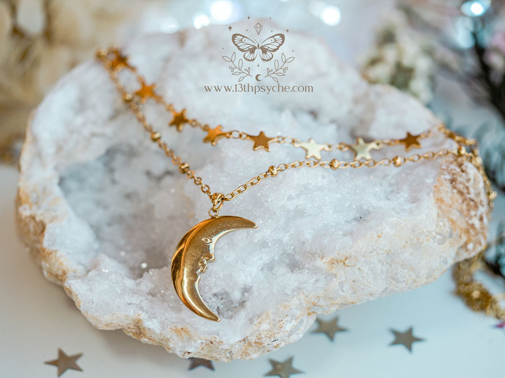 Handmade Gold stars choker and moon pendant 2 necklace set - 13th Psyche