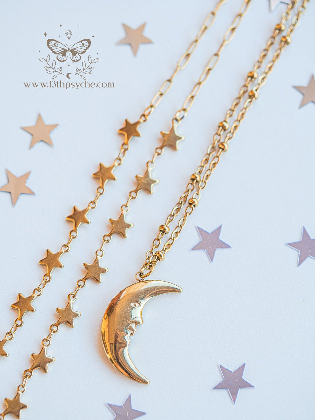 Handmade Gold stars choker and moon pendant 2 necklace set - 13th Psyche