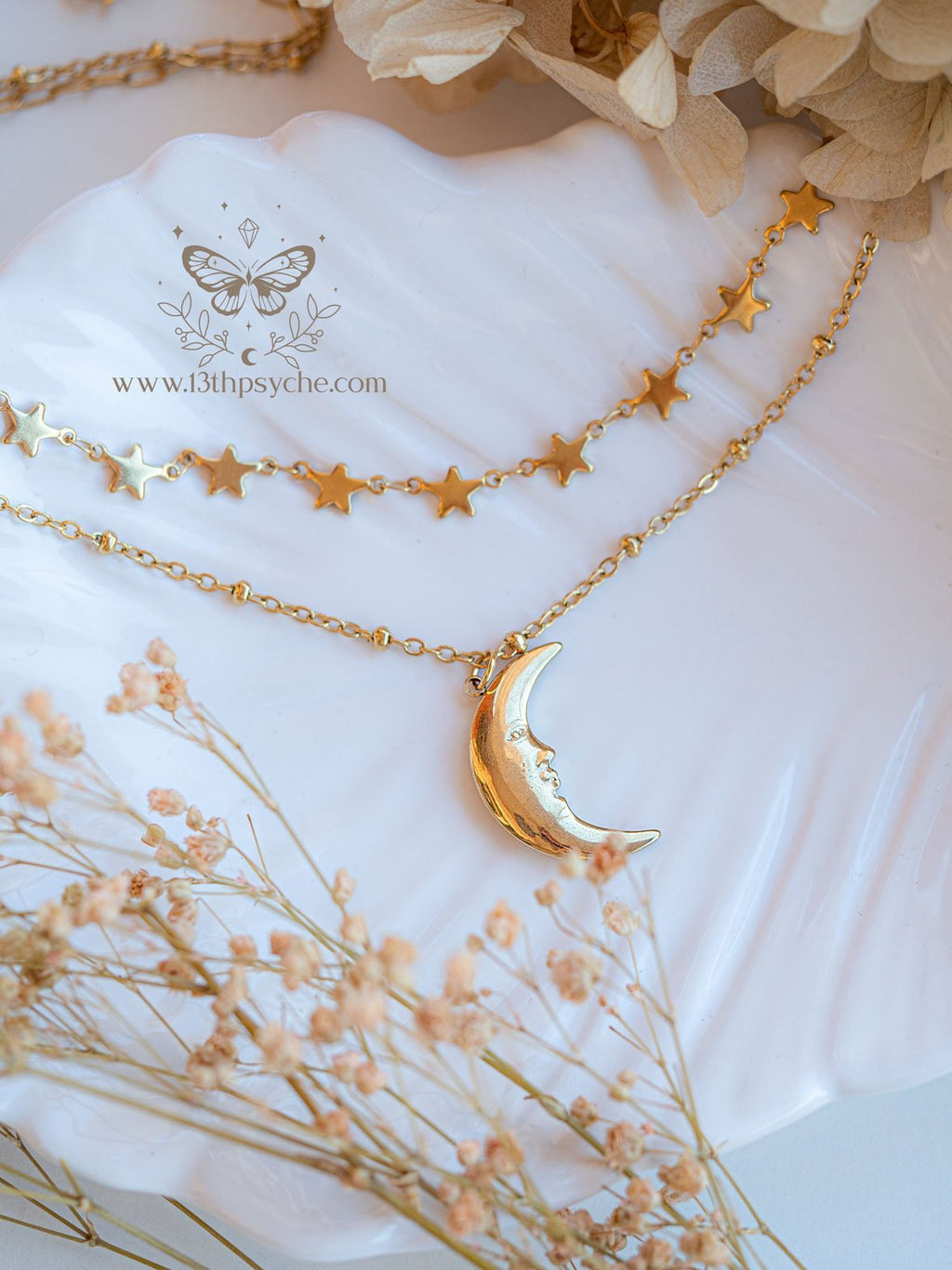 Handmade Gold stars choker and moon pendant 2 necklace set - 13th Psyche
