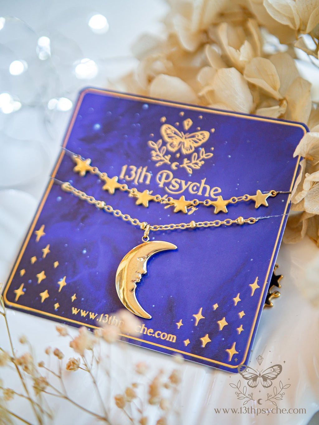 Handmade Gold stars choker and moon pendant 2 necklace set - 13th Psyche
