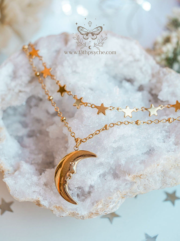 Handmade Gold stars choker and moon pendant 2 necklace set - 13th Psyche