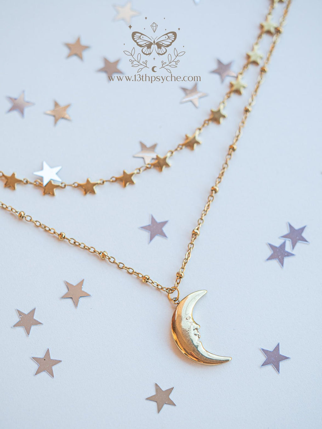 Handmade Gold stars choker and moon pendant 2 necklace set - 13th Psyche