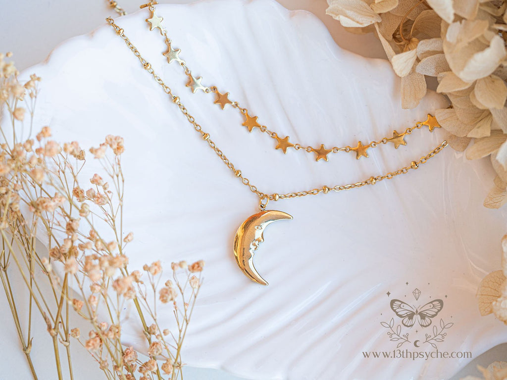 Handmade Gold stars choker and moon pendant 2 necklace set - 13th Psyche