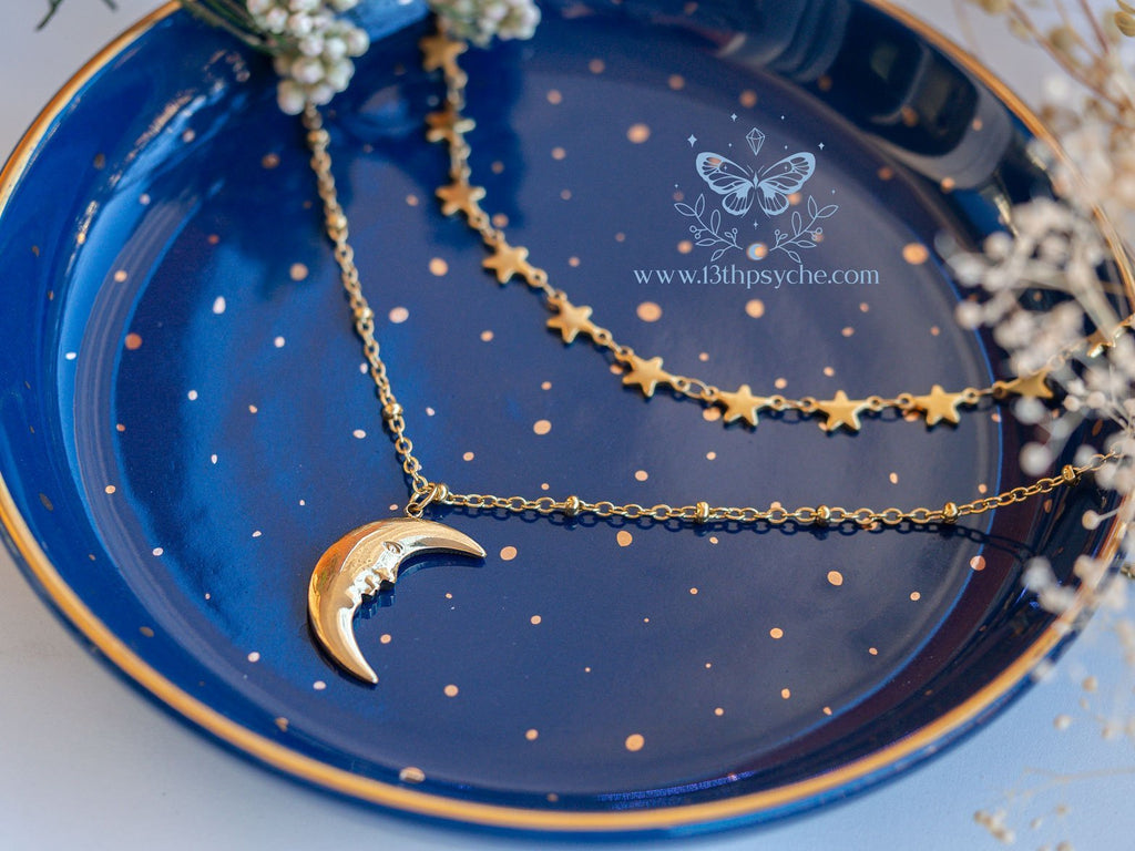Handmade Gold stars choker and moon pendant 2 necklace set - 13th Psyche