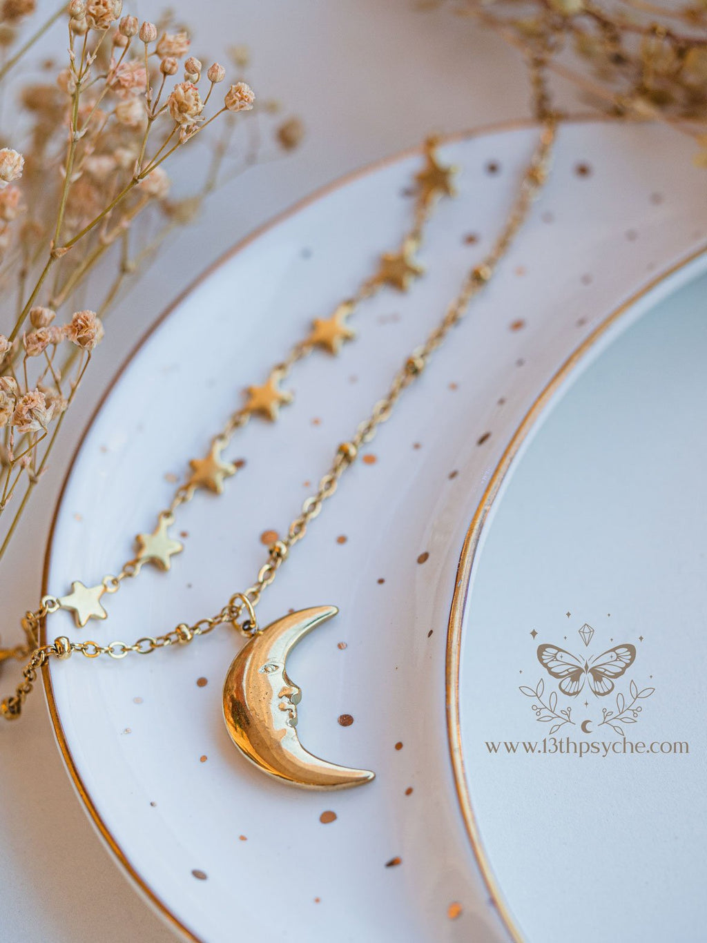 Handmade Gold stars choker and moon pendant 2 necklace set - 13th Psyche