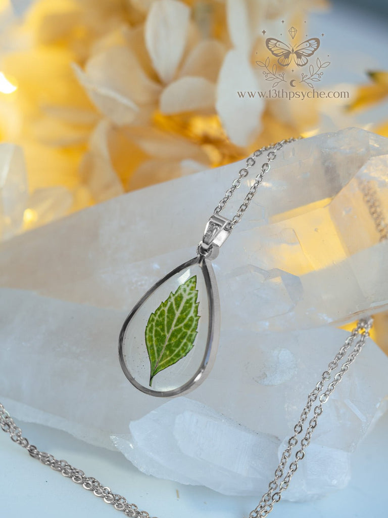 Handmade Green dried leaf teardrop resin pendant necklace - 13th Psyche