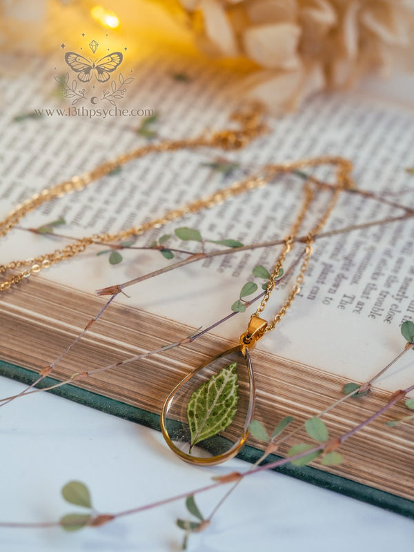 Handmade Green dried leaf teardrop resin pendant necklace - 13th Psyche