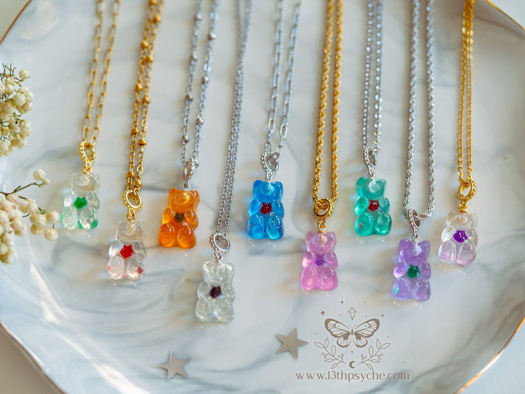 Handmade Heart gummy bear necklace, candy bear charm pendant - 13th Psyche