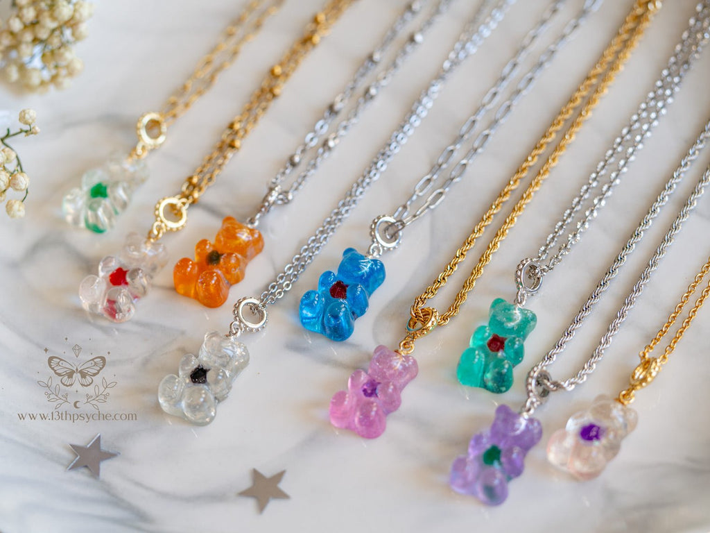 Colorful Gummy Ch Bear Pendant Glitter Resin Bear Ch Gummy Bear Beads Charm  Necklace Ch