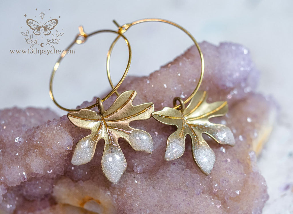 Handmade Hypoallergenic gold hoop earrings with frosted leaves - 13th Psyche