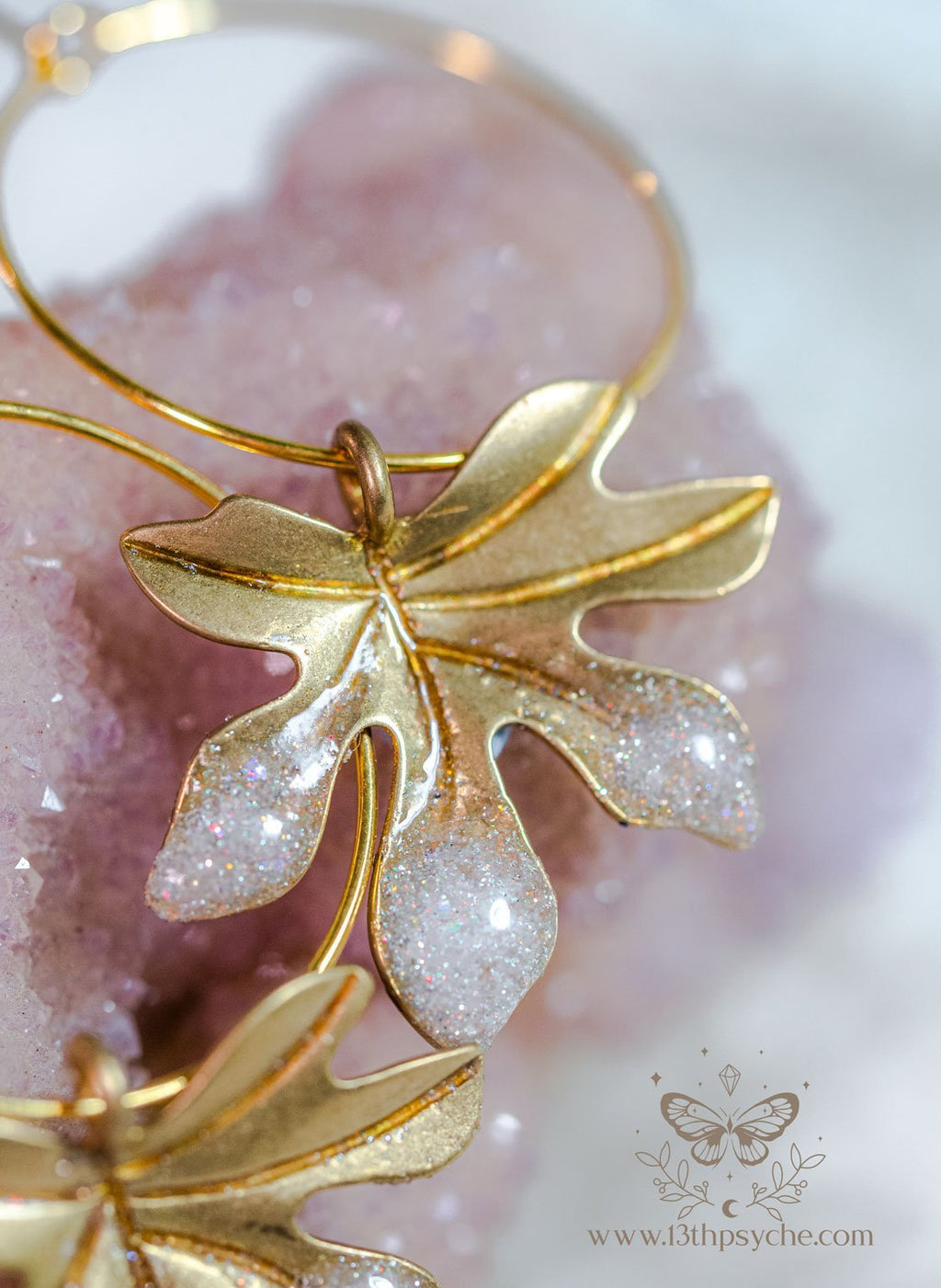 Handmade Hypoallergenic gold hoop earrings with frosted leaves - 13th Psyche