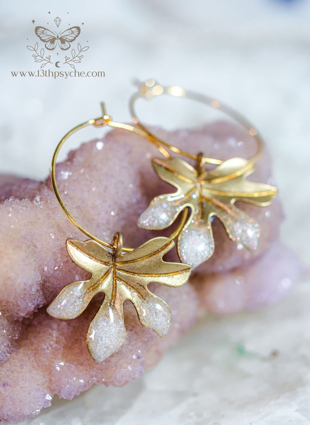 Handmade Hypoallergenic gold hoop earrings with frosted leaves - 13th Psyche