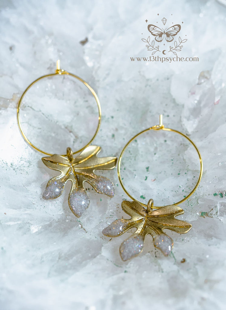 Handmade Hypoallergenic gold hoop earrings with frosted leaves - 13th Psyche