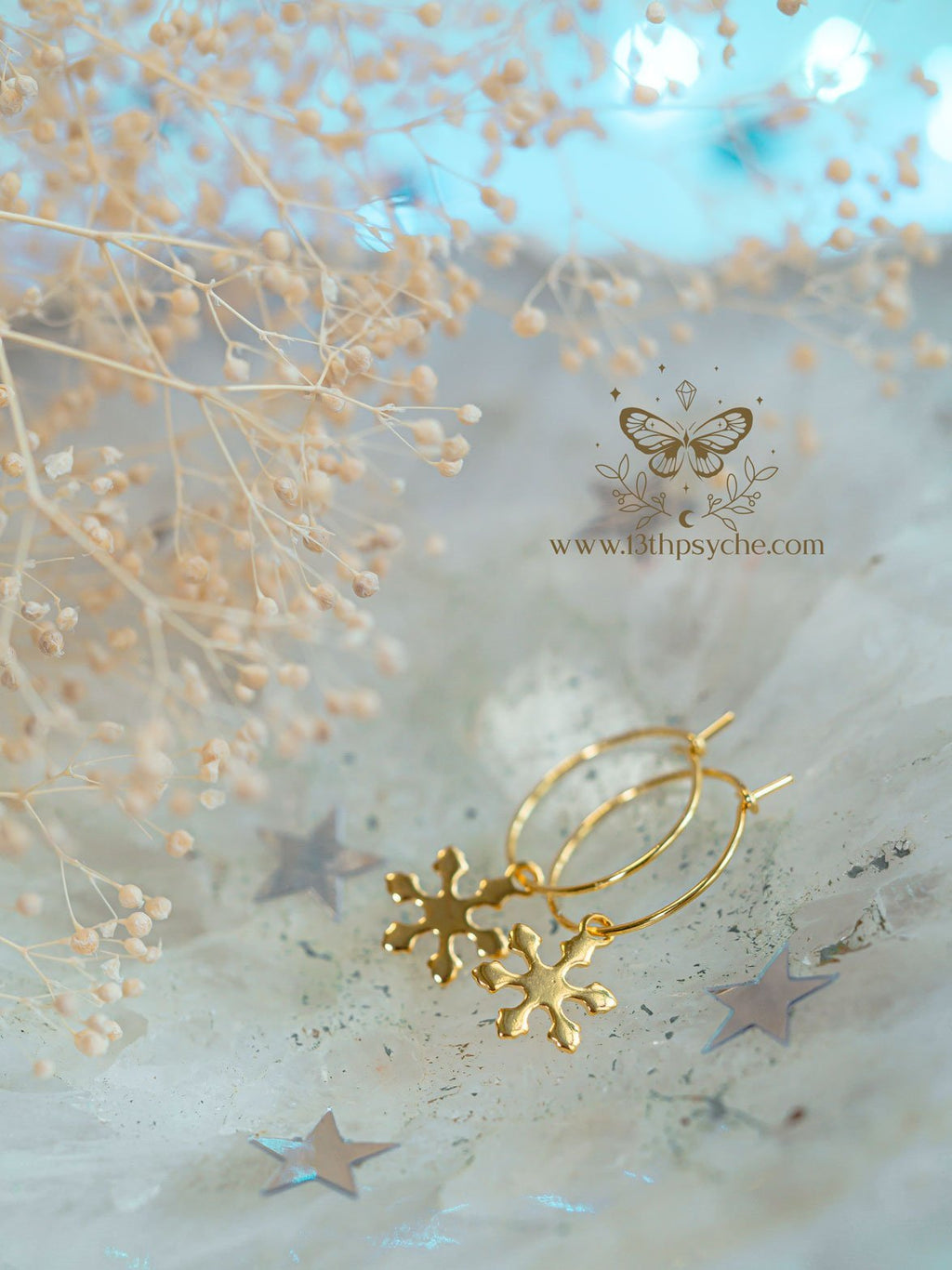 Handmade Hypoallergenic gold hoop earrings with snowflake charm - 13th Psyche