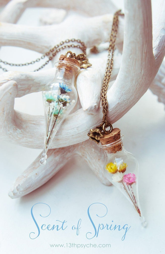 Handmade Real yellow and pink dried flower bouquet teardrop vial necklace - 13th Psyche