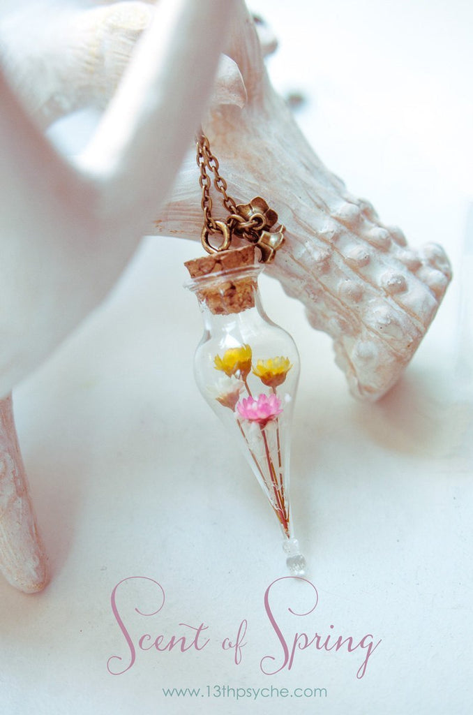 Handmade Real yellow and pink dried flower bouquet teardrop vial necklace - 13th Psyche