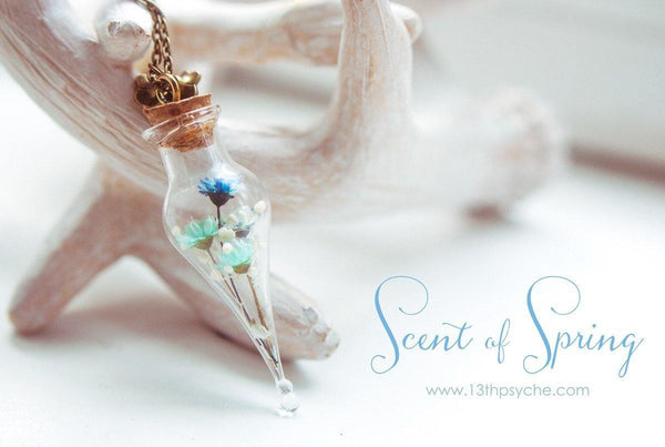 Handmade Blue real dried flower bouquet teardrop vial necklace - 13th Psyche