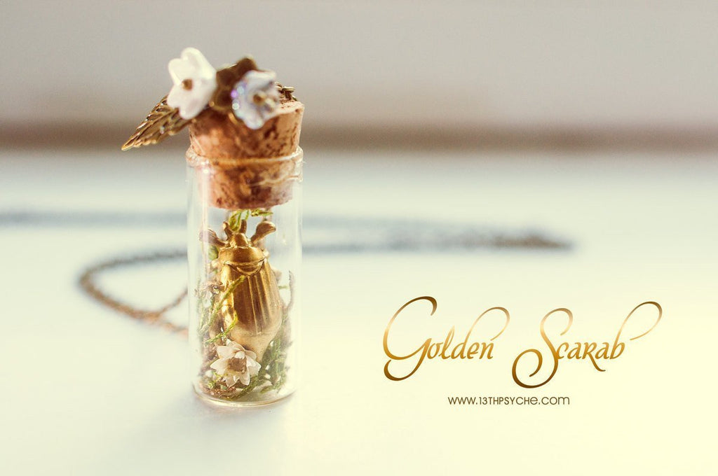 Handmade Golden beetle bottle pendant necklace - 13th Psyche